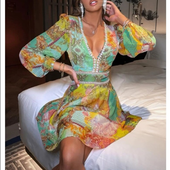 Boho green pink floral paisley print mini dress - Picture 5 of 8